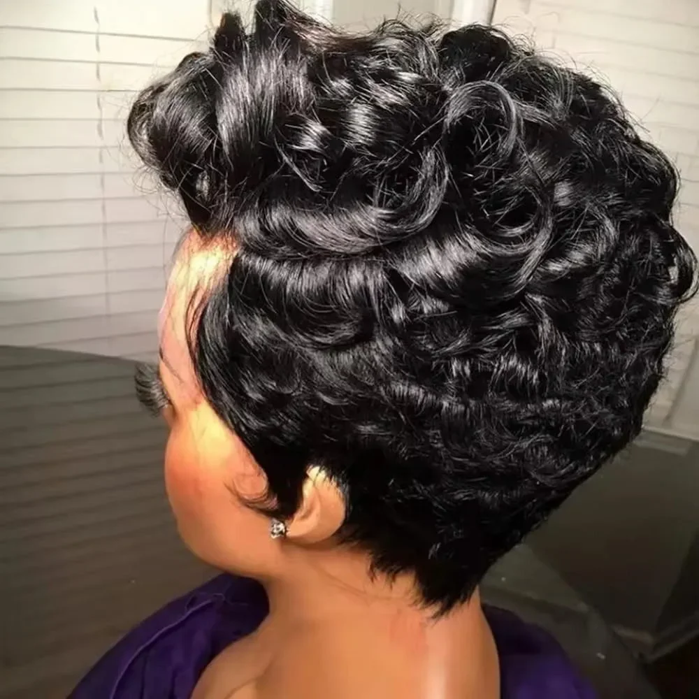 Bulapla Women's Curly Lace Front Wig Black LACE1B-16 Human Hair 150% Density